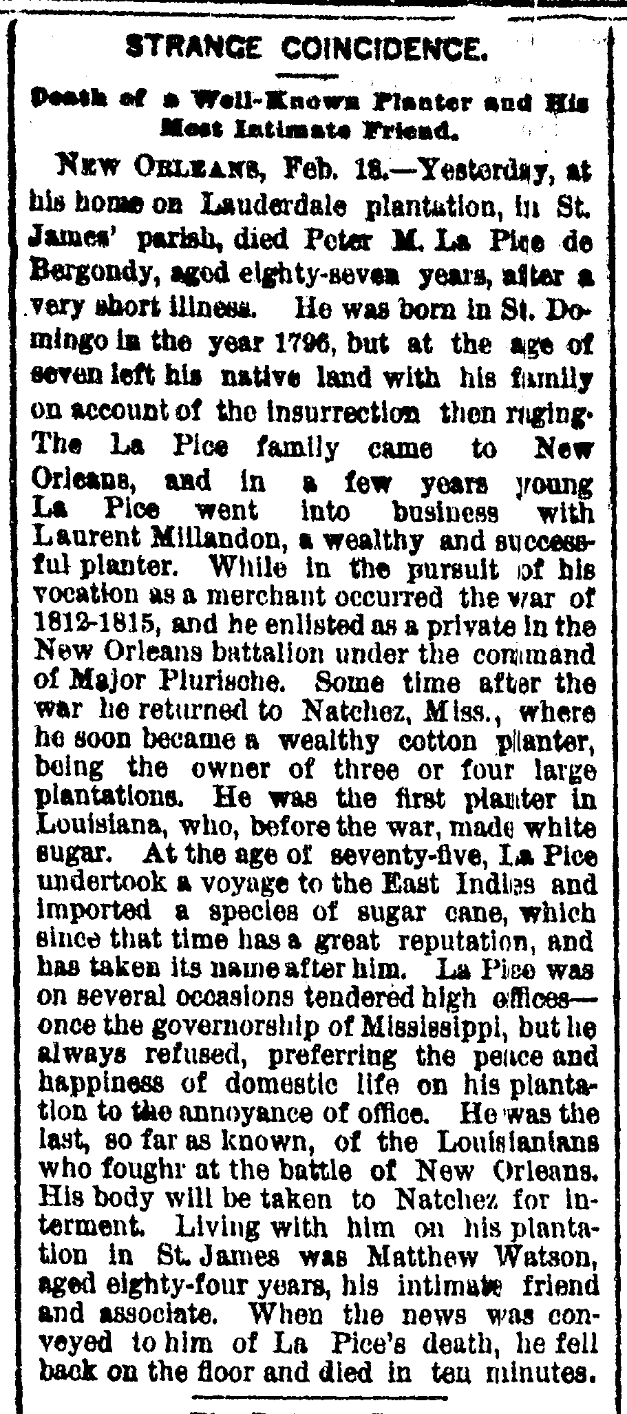 Documents Pierre Lapice Obituary Article, "Strange Coincidence