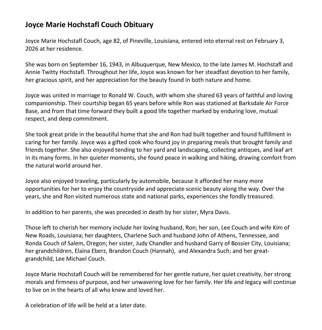 Joyce Marie (Hochstafl) Couch - Obituary