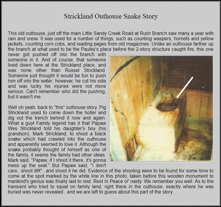 Strickland Outhouse Snake Shot Story
